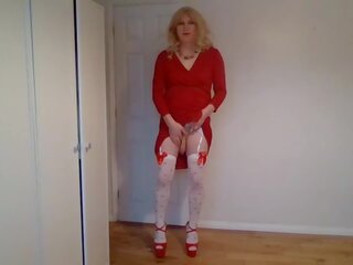 Marvelous red dress, heels and no panties